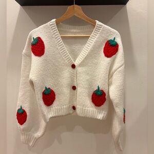 White Strawberry Embroidered Cropped Cardigan